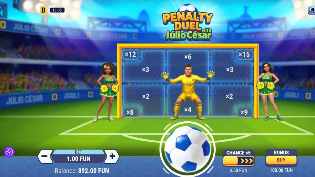 Tampilan visual stadion dan kiper dalam game Penalty Duel with Júlio César
