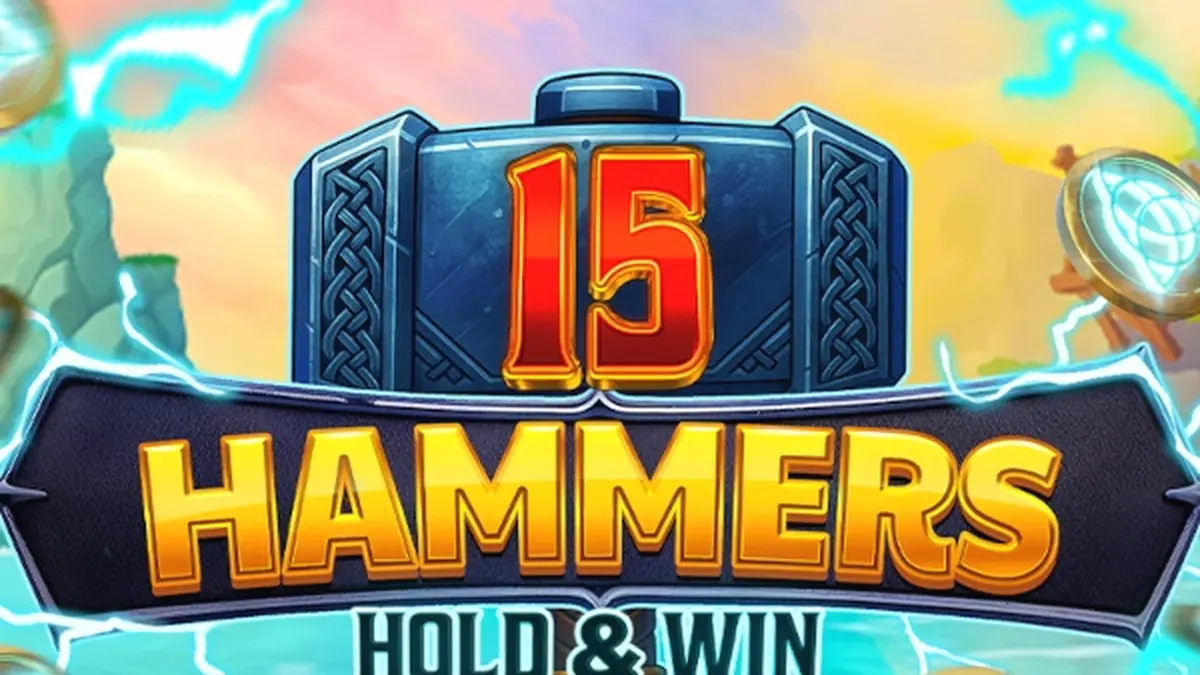 Tampilan antarmuka permainan slot 15 Hammers: Hold & Win dengan latar belakang bertema palu.